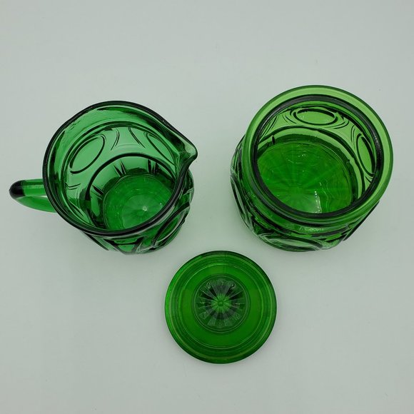 Wheaton Glass Emerald Green Bullseye Creamer Sugar Bowl with Lid Circles Panels - Picture 2 of 11